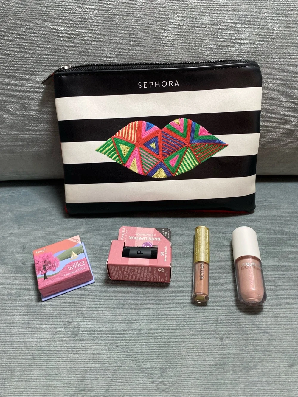 Sephora Striped Pouch with Colorful Embroidered Lip and 4 travel cosmetics